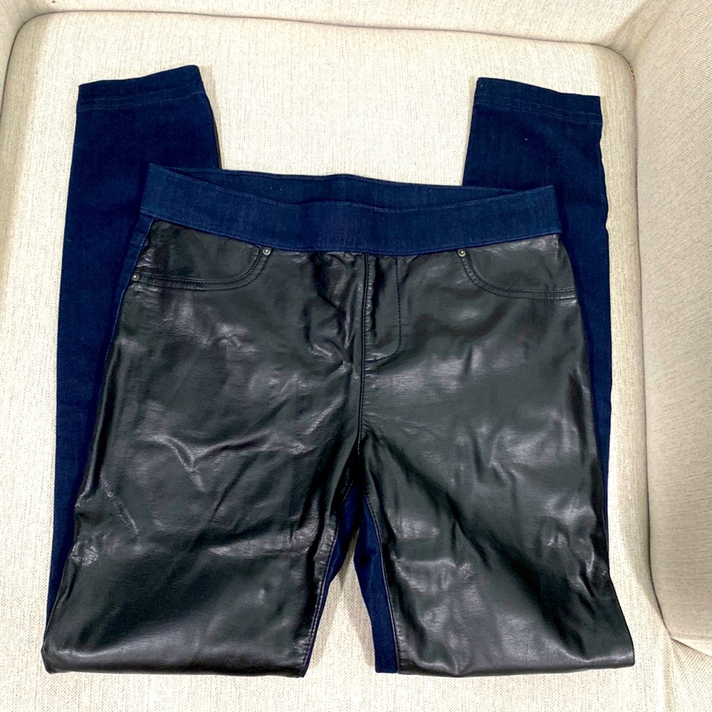 EUC INC Two-tone Denim-Faux Leather Skinny Pants Mid Rise